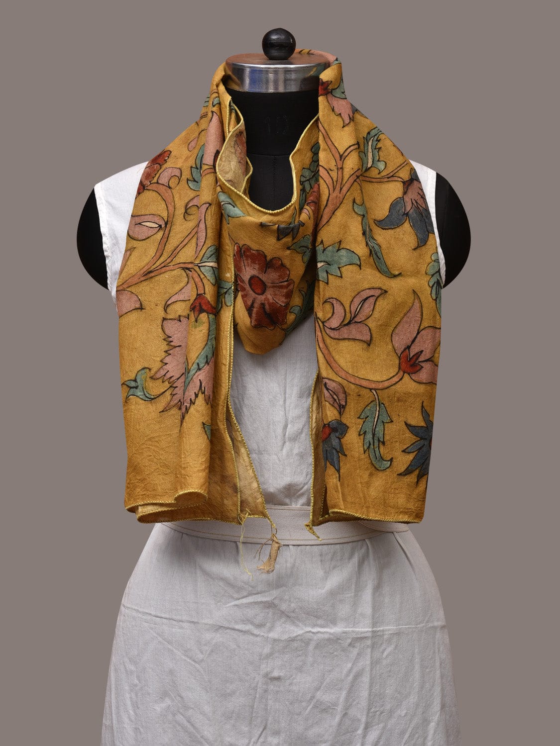 Yellow Kalamkari Hand Painted Sico Stole with Floral Design ds3549