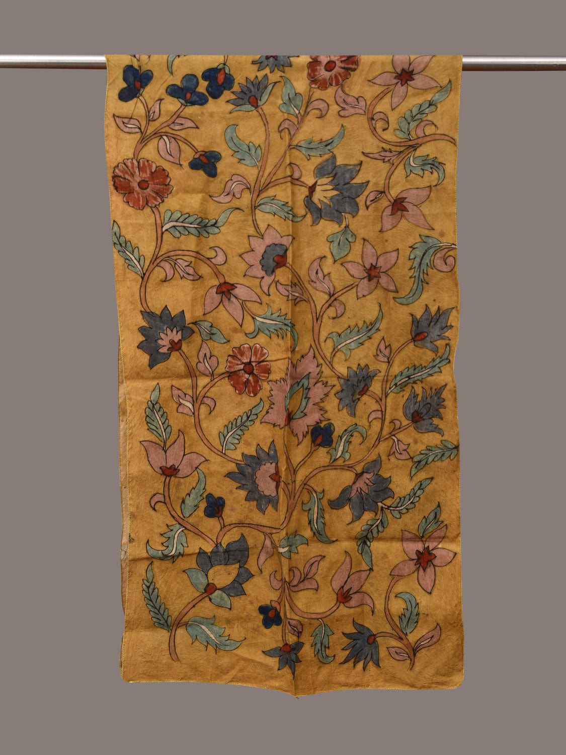 Yellow Kalamkari Hand Painted Sico Stole with Floral Design ds3549