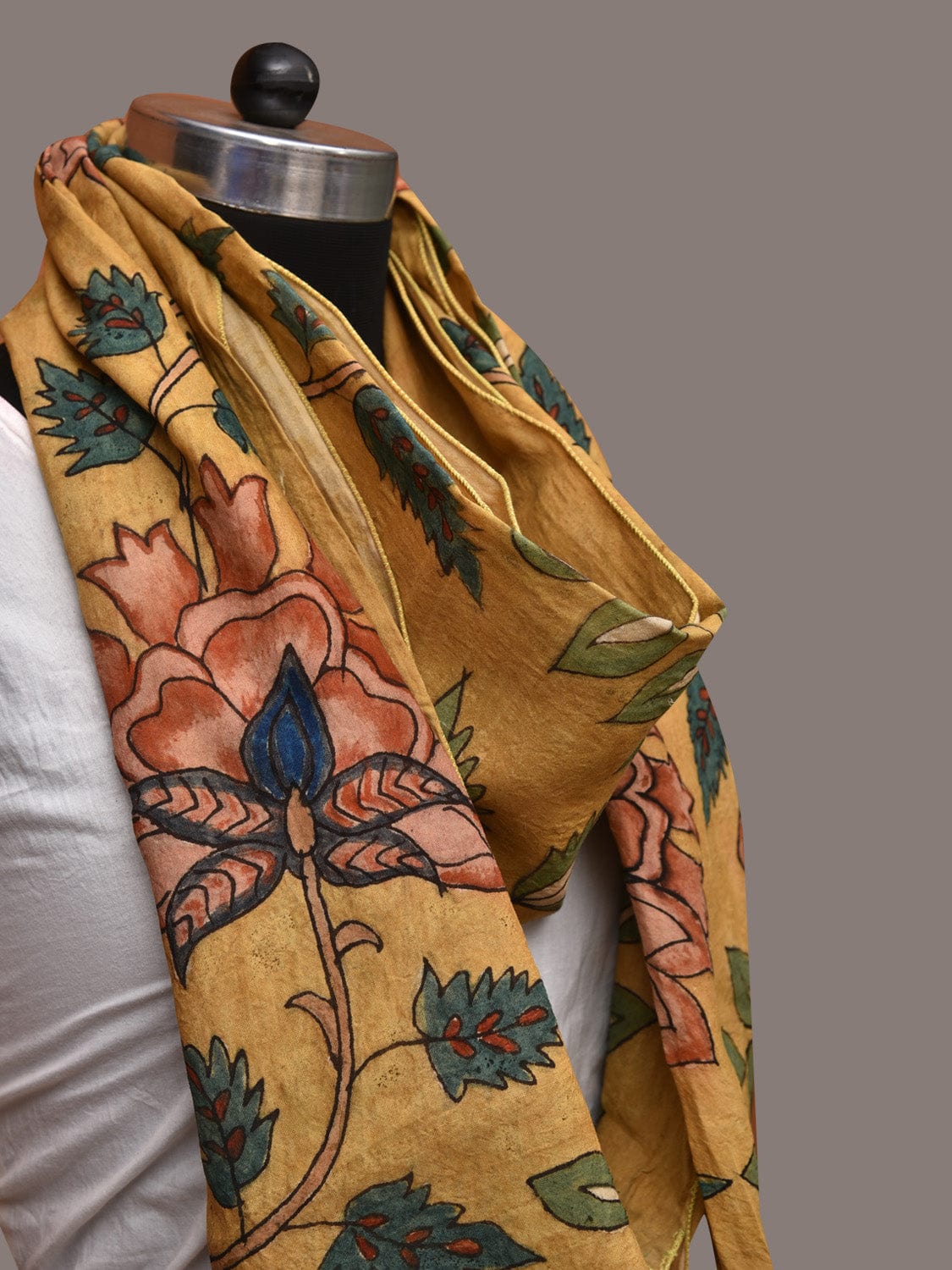 Yellow Kalamkari Hand Painted Sico Stole with Floral Design ds3551