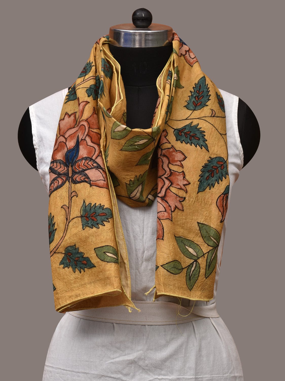 Yellow Kalamkari Hand Painted Sico Stole with Floral Design ds3551