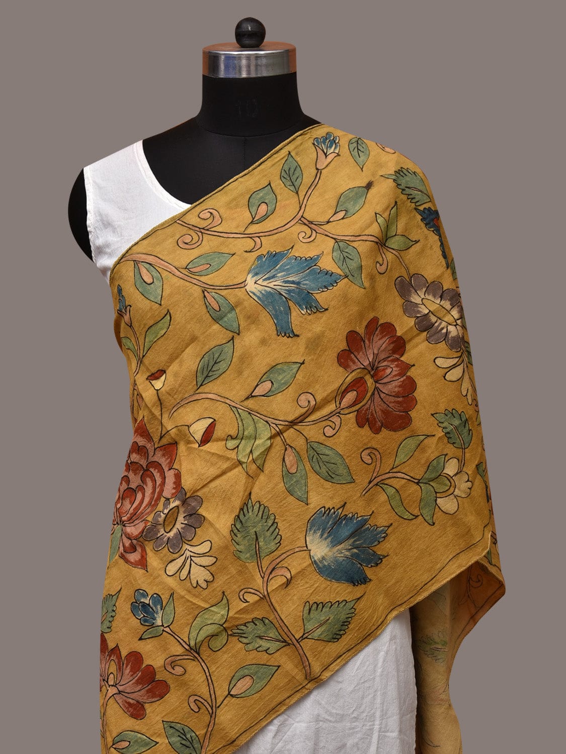 Yellow Kalamkari Hand Painted Sico Stole with Floral Design ds3553