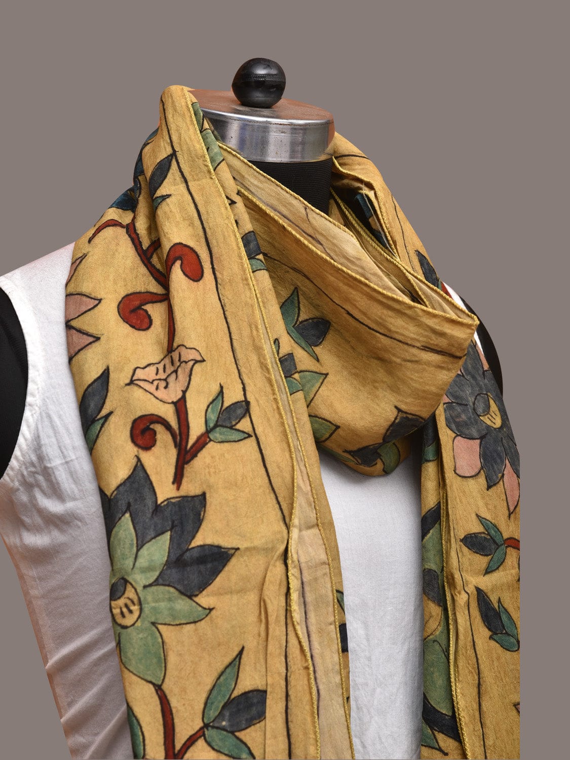 Yellow Kalamkari Hand Painted Sico Stole with Floral Design ds3565