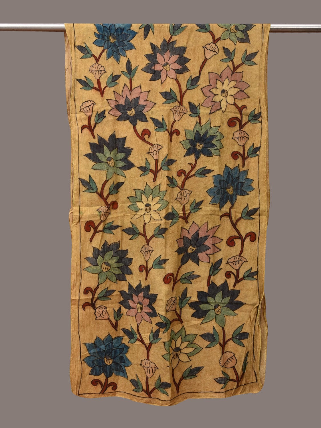 Yellow Kalamkari Hand Painted Sico Stole with Floral Design ds3565