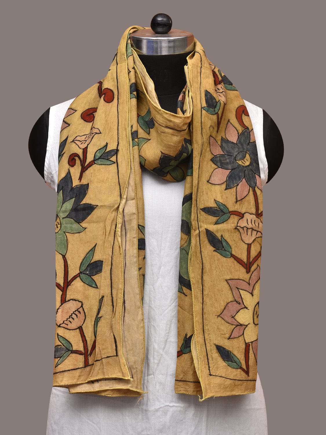 Yellow Kalamkari Hand Painted Sico Stole with Floral Design ds3565