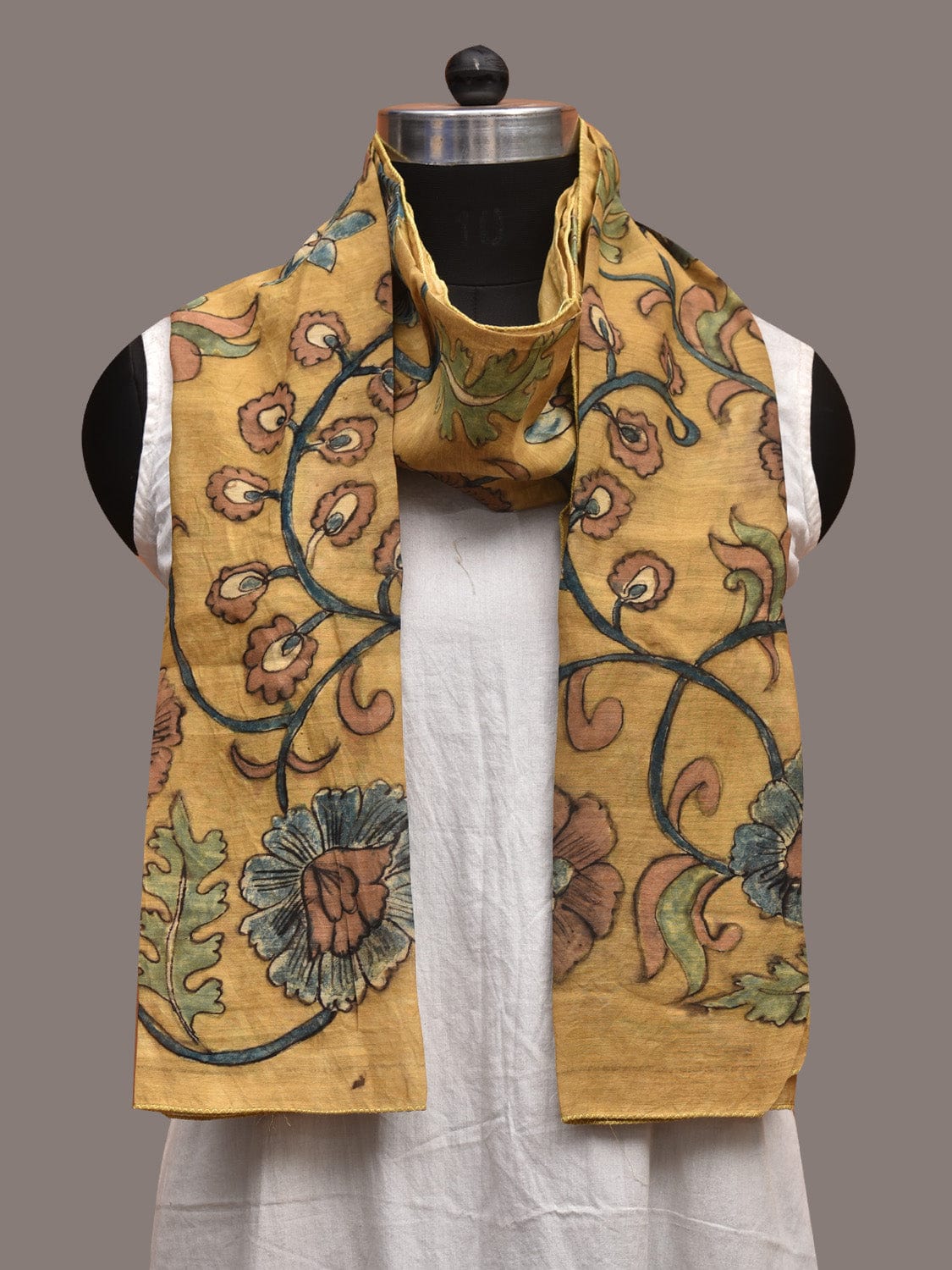 Yellow Kalamkari Hand Painted Sico Stole with Floral Design ds3593