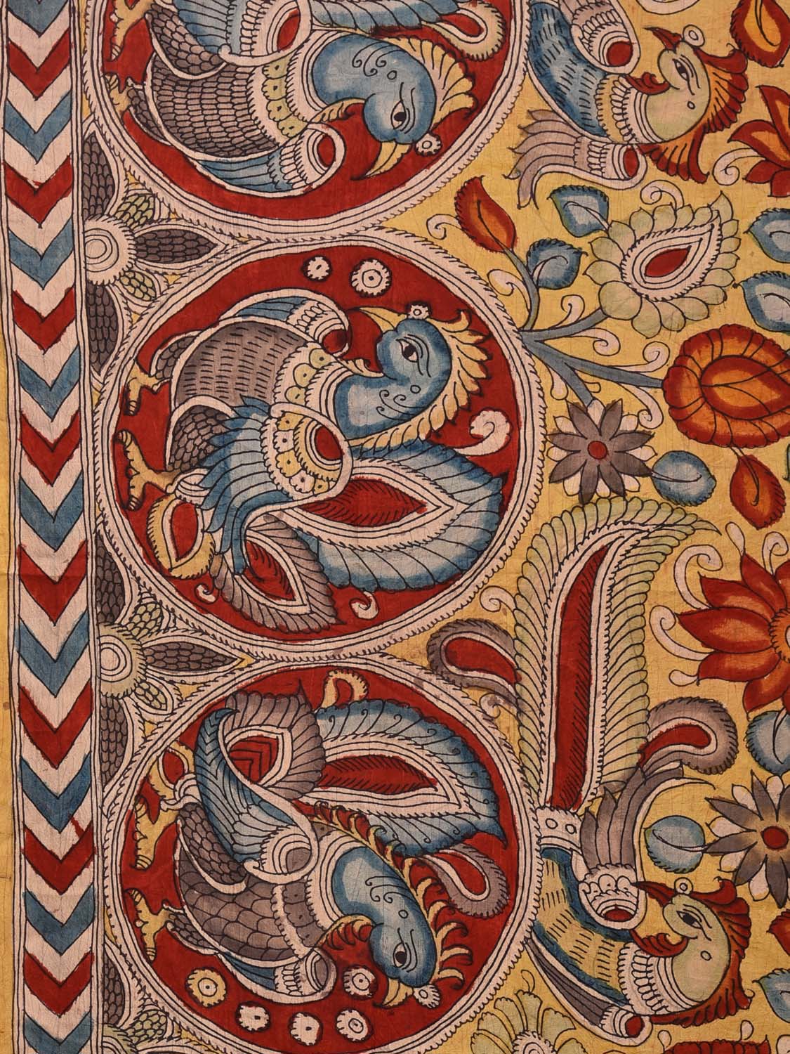 Yellow Kalamkari Hand Painted Silk Handloom Saree with Peacocks and Floral Design KL0714