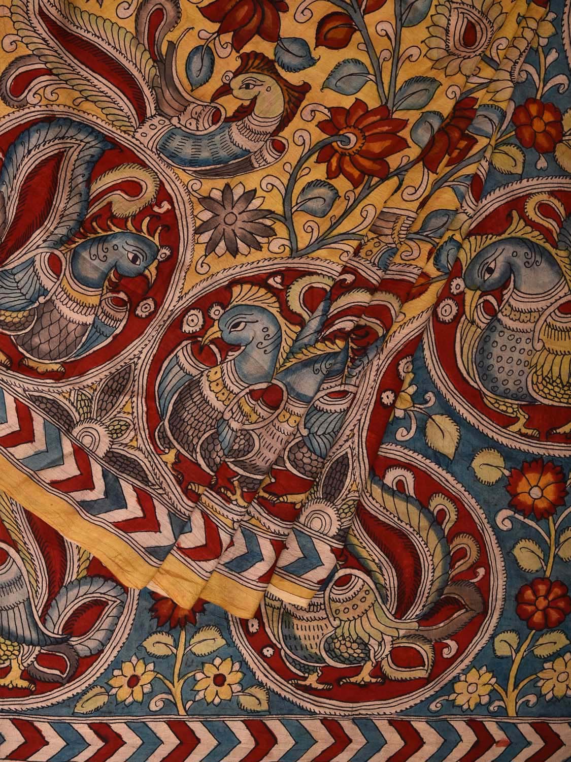 Yellow Kalamkari Hand Painted Silk Handloom Saree with Peacocks and Floral Design KL0714
