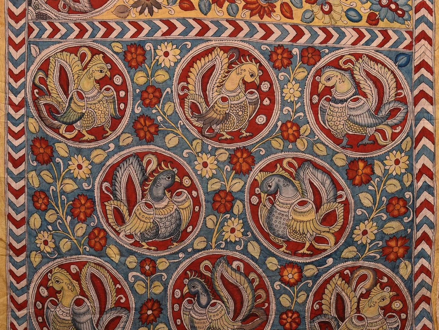 Yellow Kalamkari Hand Painted Silk Handloom Saree with Peacocks and Floral Design KL0714