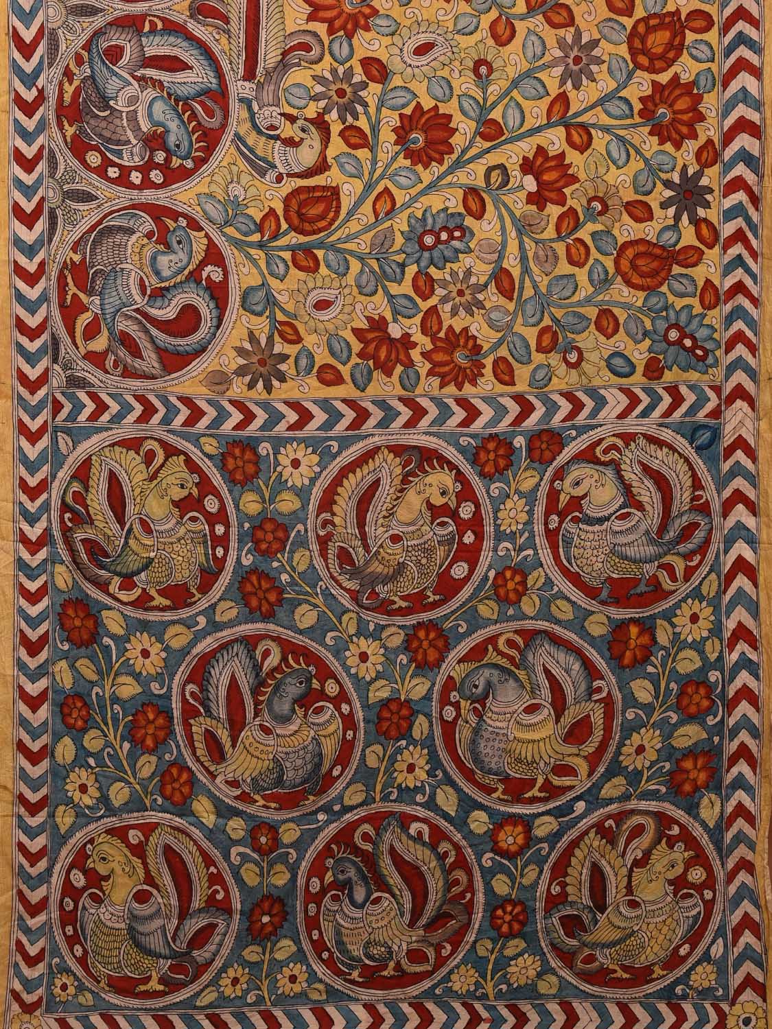 Yellow Kalamkari Hand Painted Silk Handloom Saree with Peacocks and Floral Design KL0714