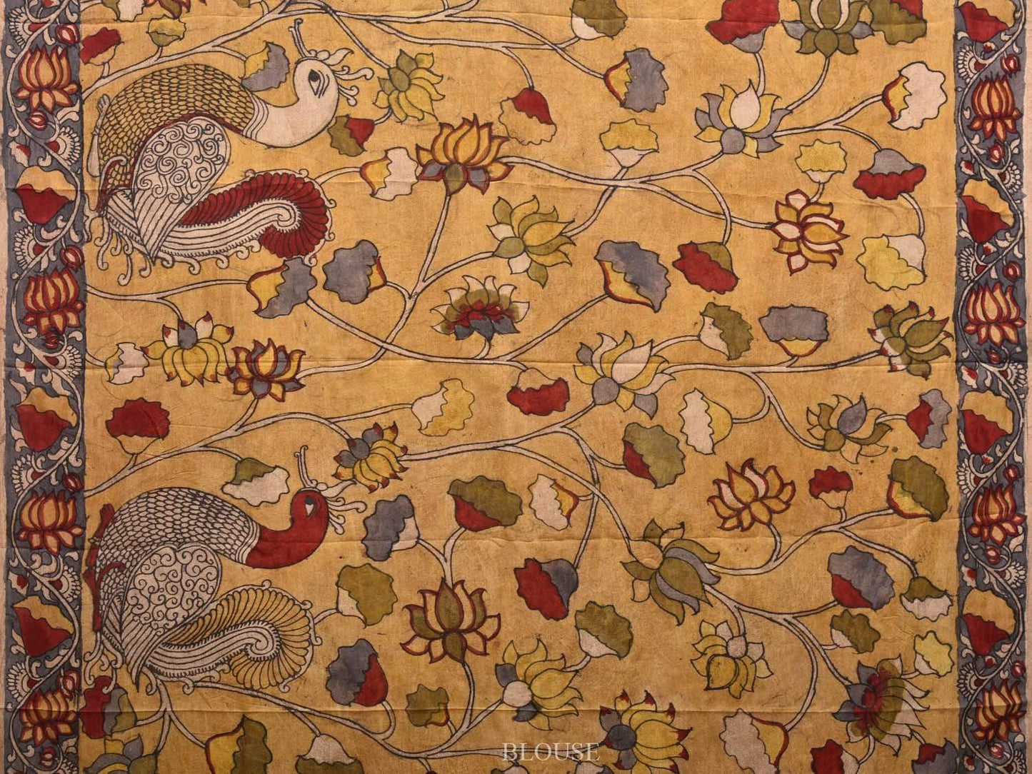Yellow Kalamkari Hand Painted Silk Handloom Saree with Peacocks and Lotus Flowers Design KL0469