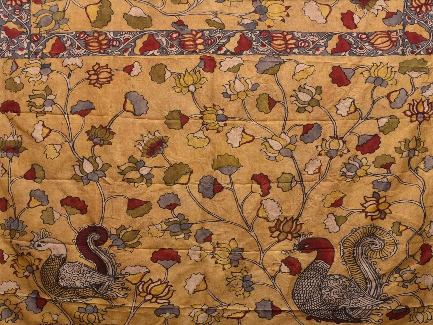 Yellow Kalamkari Hand Painted Silk Handloom Saree with Peacocks and Lotus Flowers Design KL0469