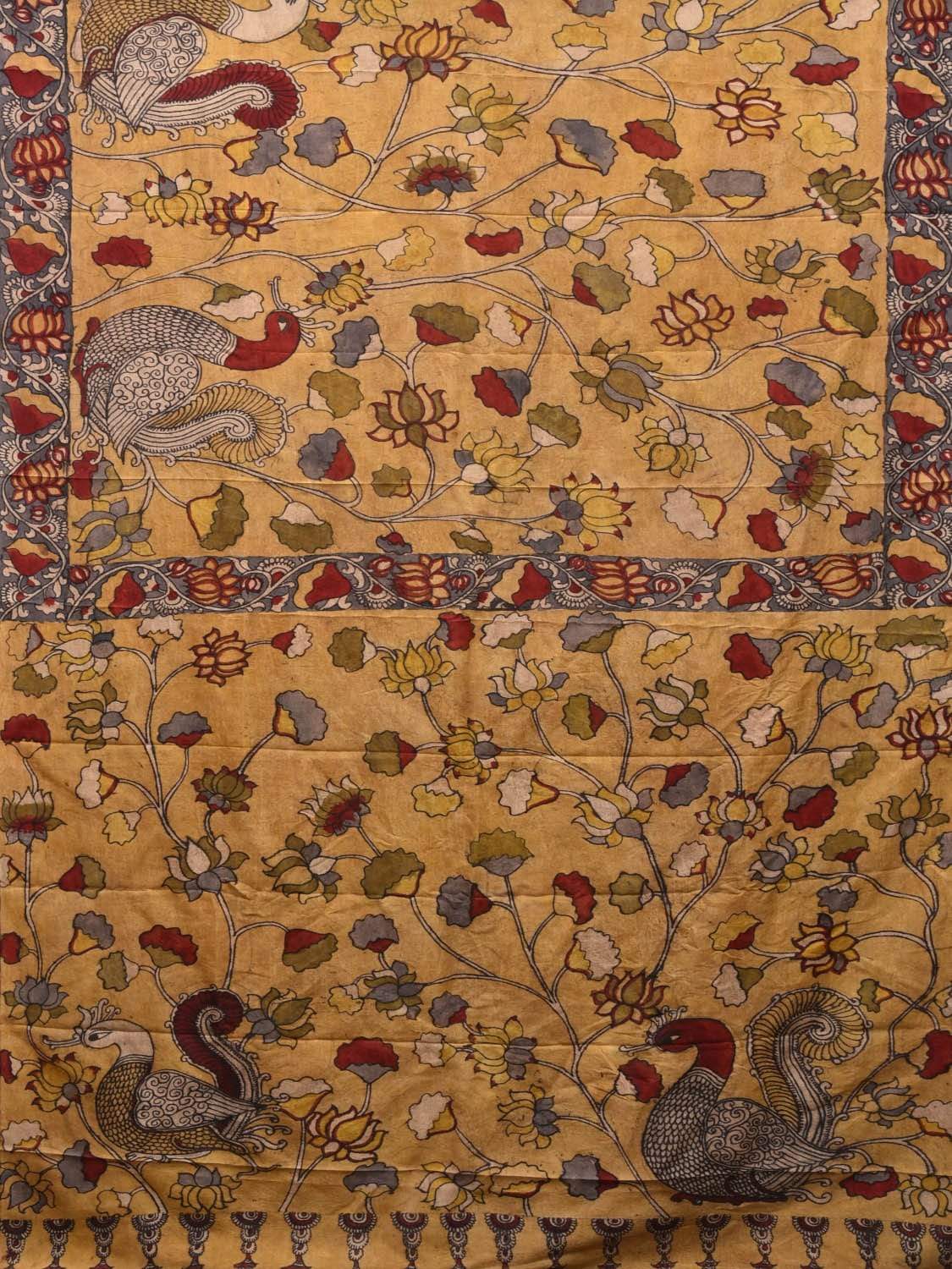 Yellow Kalamkari Hand Painted Silk Handloom Saree with Peacocks and Lotus Flowers Design KL0469