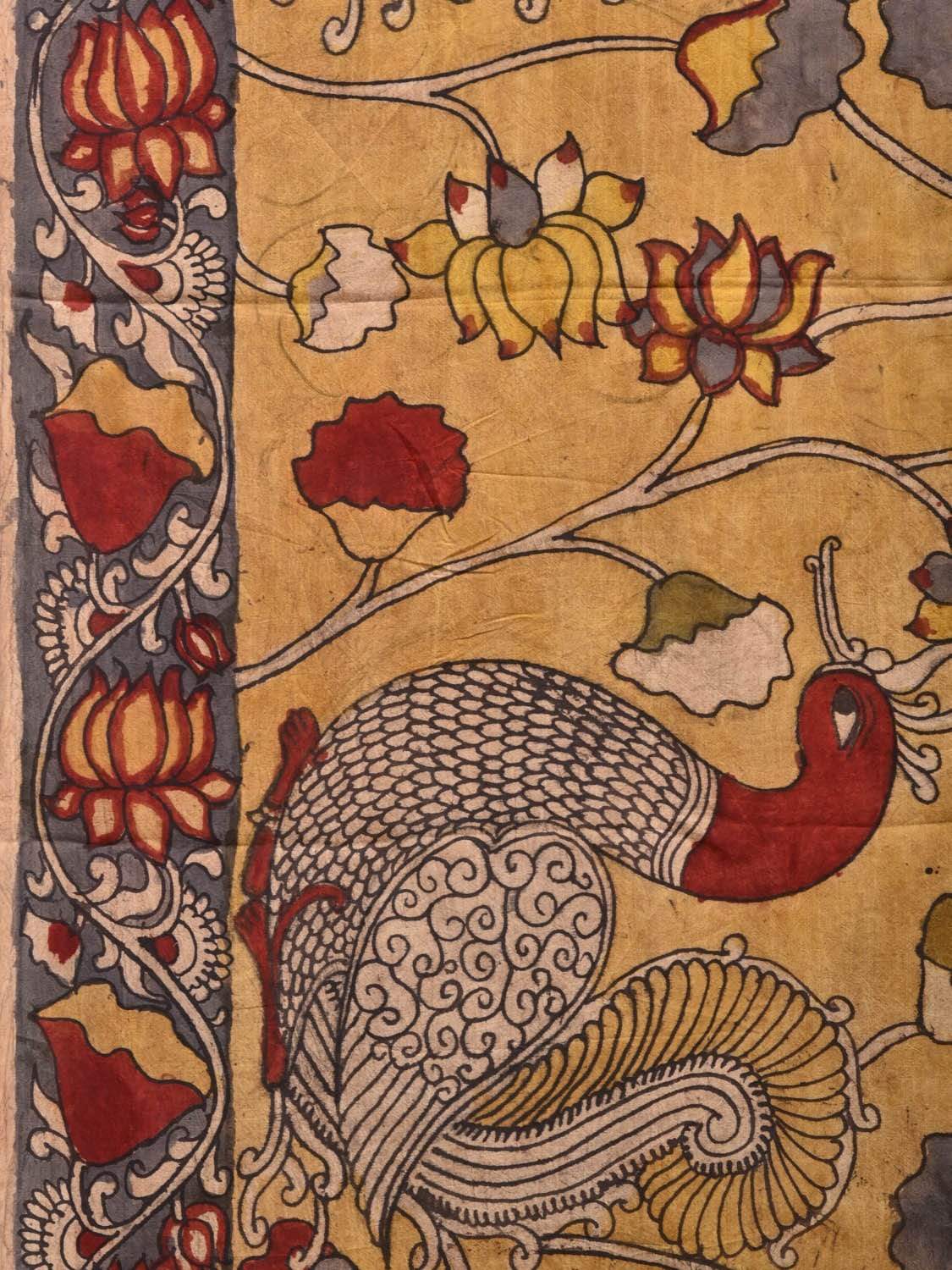 Yellow Kalamkari Hand Painted Silk Handloom Saree with Peacocks and Lotus Flowers Design KL0469