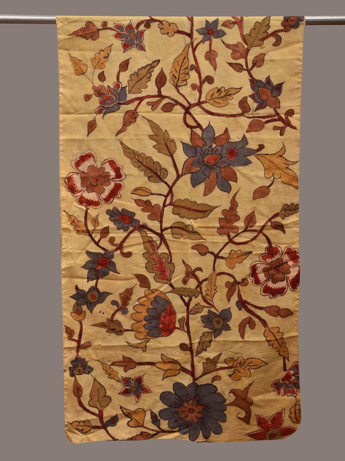 Yellow Kalamkari Hand Painted Silk Handloom Stole with Floral Design ds2803