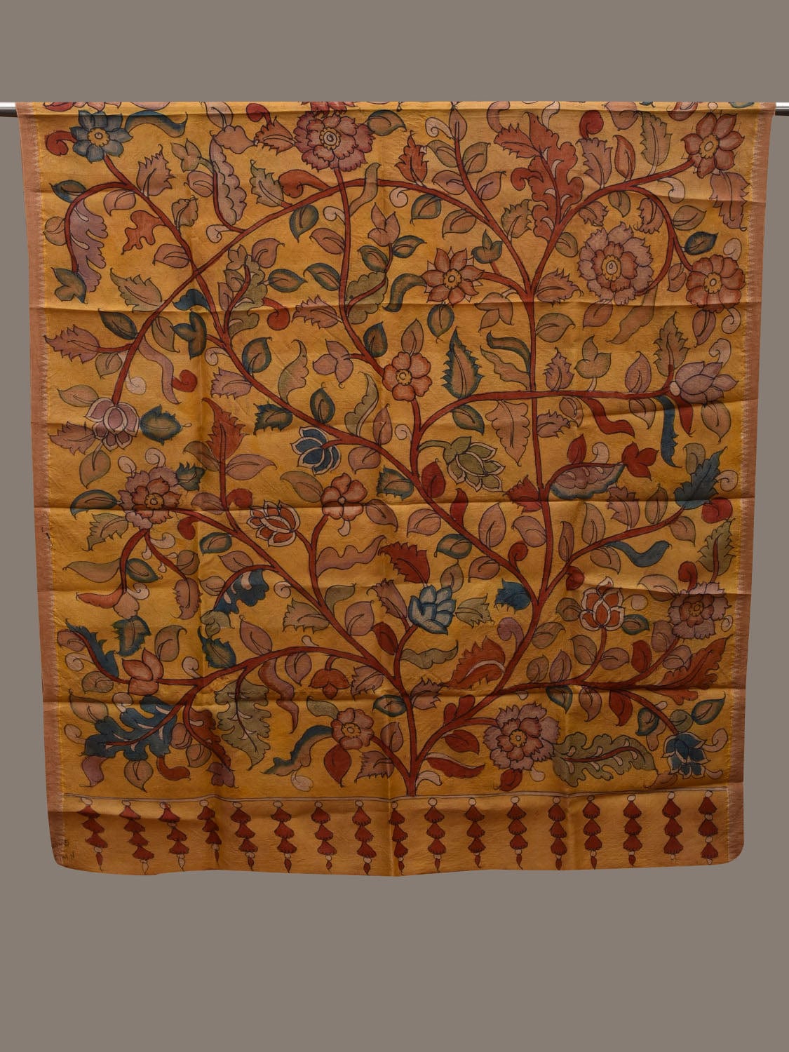 Yellow Kalamkari Hand Painted Tussar Handloom Dupatta with Floral Design ds2697
