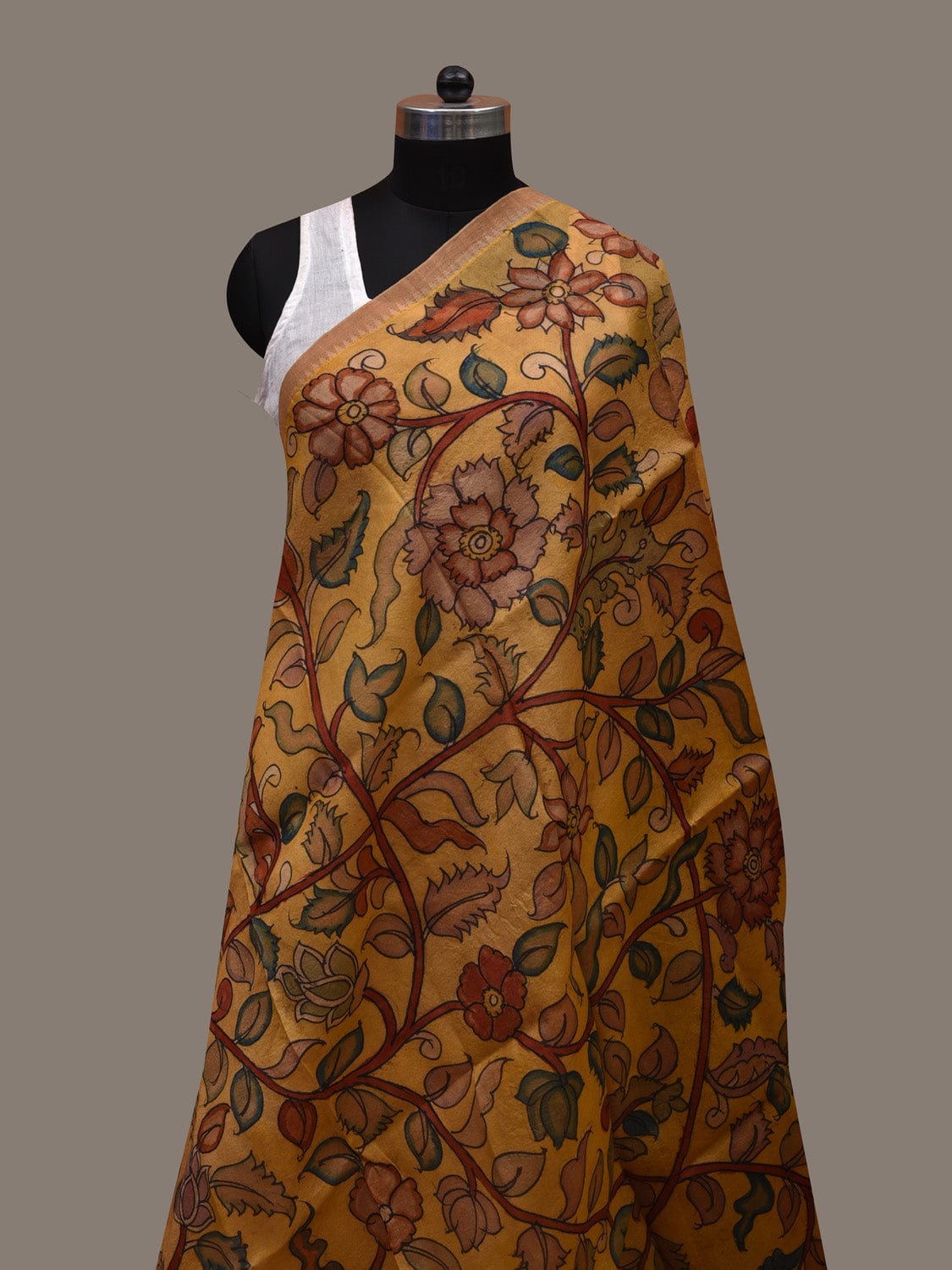 Yellow Kalamkari Hand Painted Tussar Handloom Dupatta with Floral Design ds2697