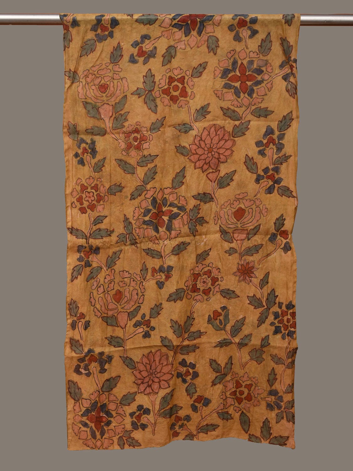 Yellow Kalamkari Hand Painted Tussar Handloom Stole with Floral Design ds3142