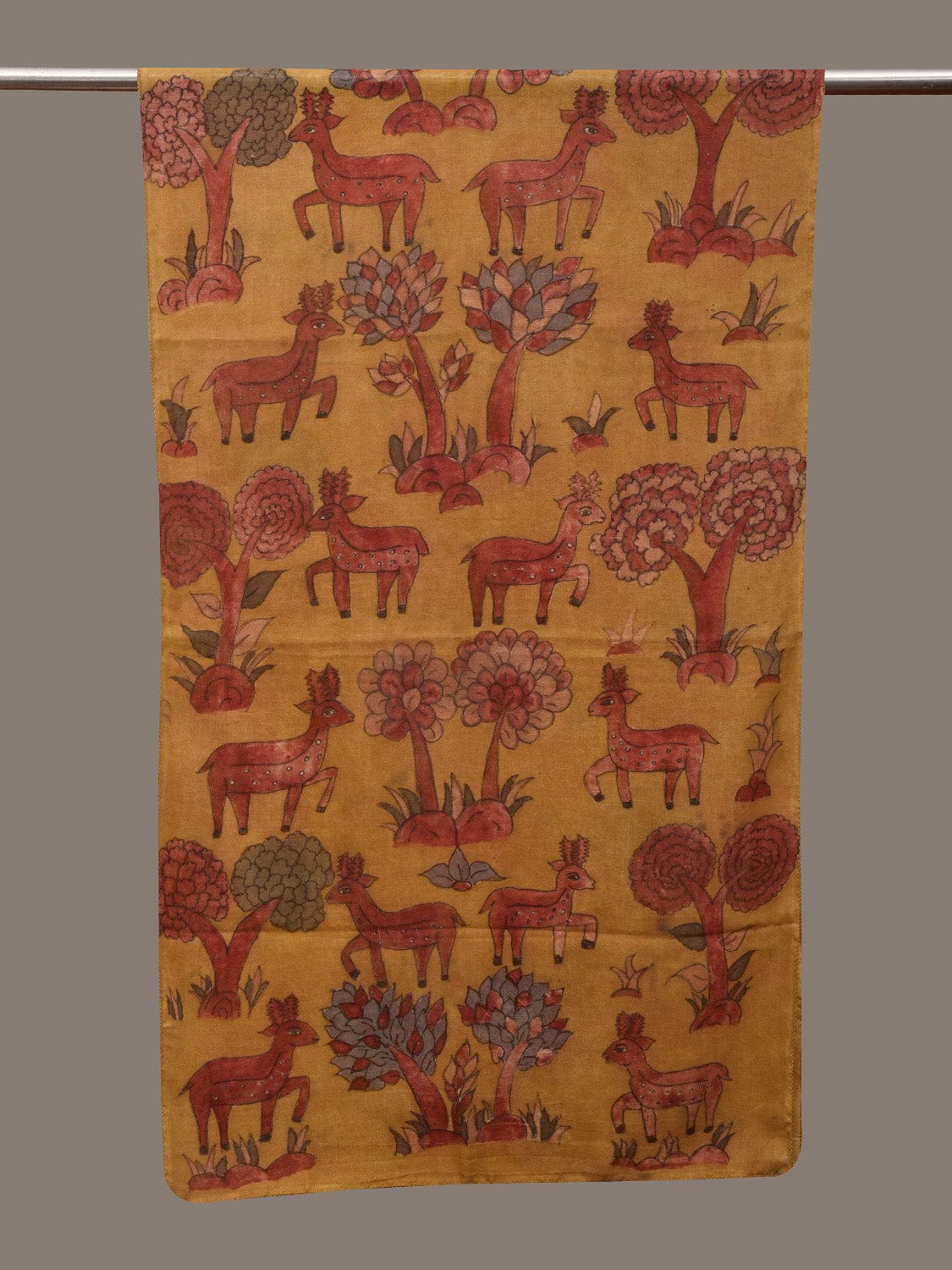 Yellow Kalamkari Hand Painted Woolen Handloom Stole with Deers Design ds3038