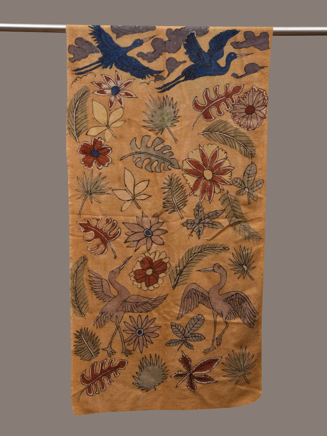 Yellow Kalamkari Hand Painted Woolen Handloom Stole with Floral and Birds Design ds2874