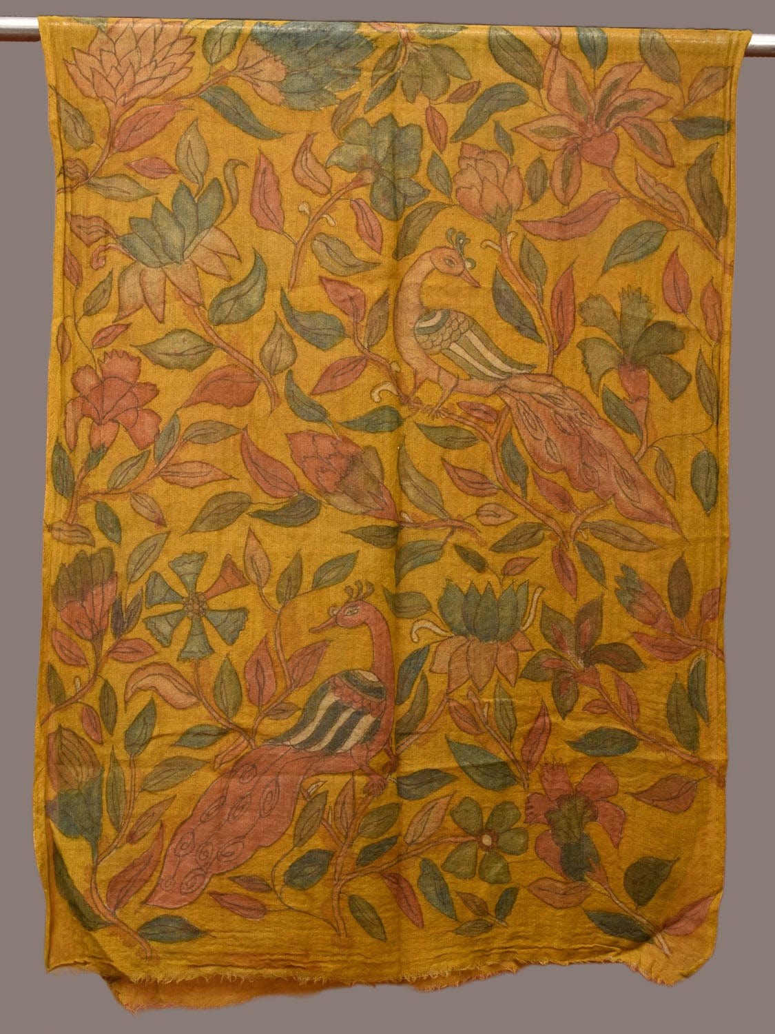 Yellow Kalamkari Hand Painted Woolen Stole with Floral and Peacocks Design ds3215