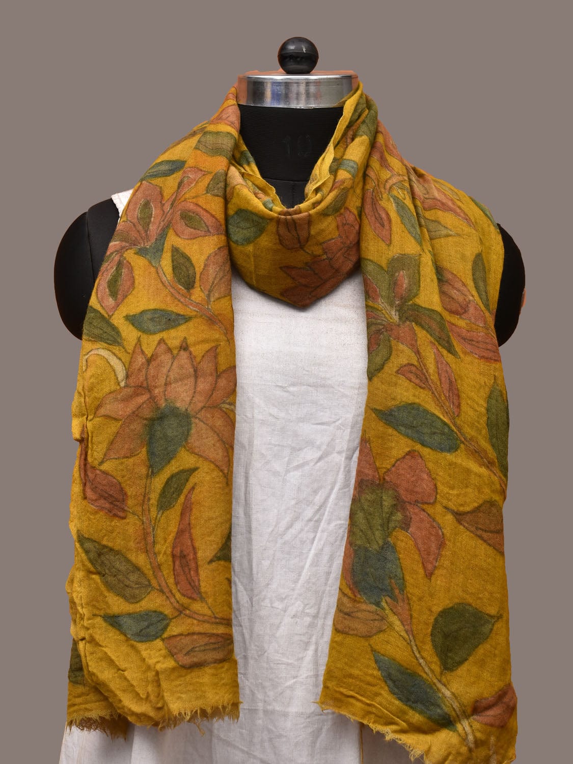 Yellow Kalamkari Hand Painted Woolen Stole with Floral and Peacocks Design ds3215
