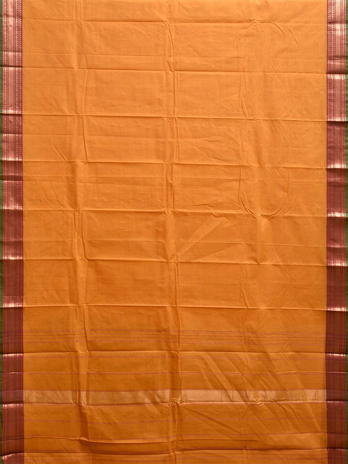 Yellow Kanchipuram Cotton Plain Saree with Strips and Border Design k0856