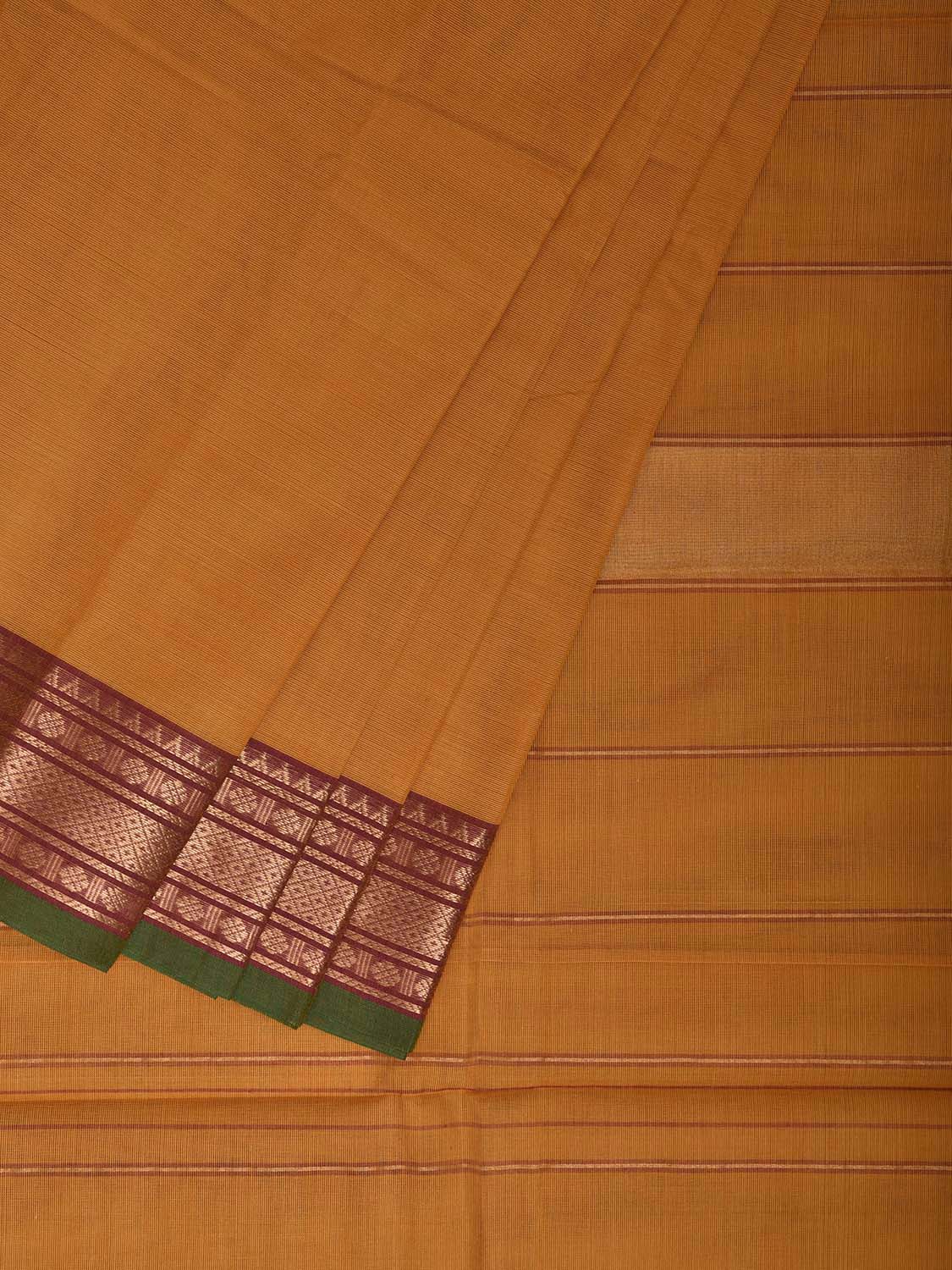 Yellow Kanchipuram Cotton Plain Saree with Strips and Border Design k0856