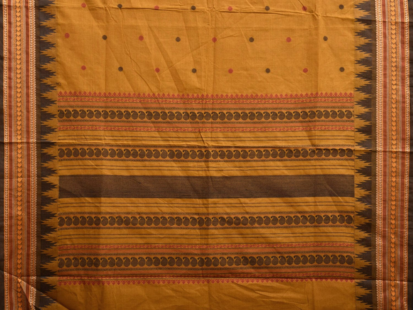 Yellow Kanchipuram Cotton Saree with Pasley Pallu and Temple Border Design k0731
