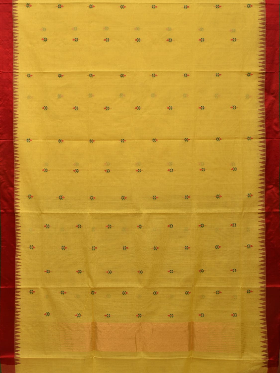 Yellow Khadi Cotton Handloom Plain Saree with Jamdani Buta and Temple Border Design kh0567