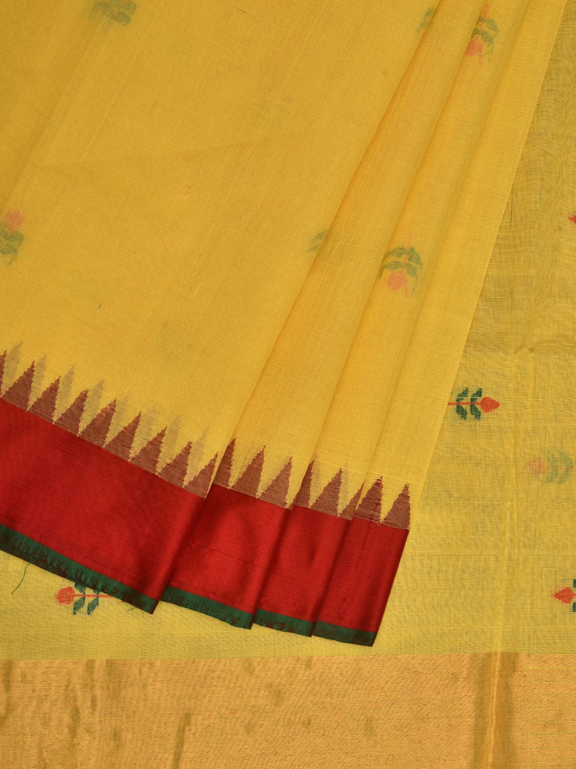 Yellow Khadi Cotton Handloom Plain Saree with Jamdani Buta and Temple Border Design kh0567