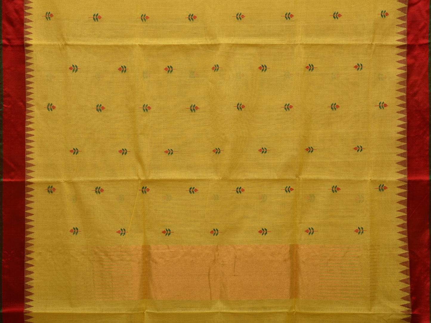 Yellow Khadi Cotton Handloom Plain Saree with Jamdani Buta and Temple Border Design kh0567