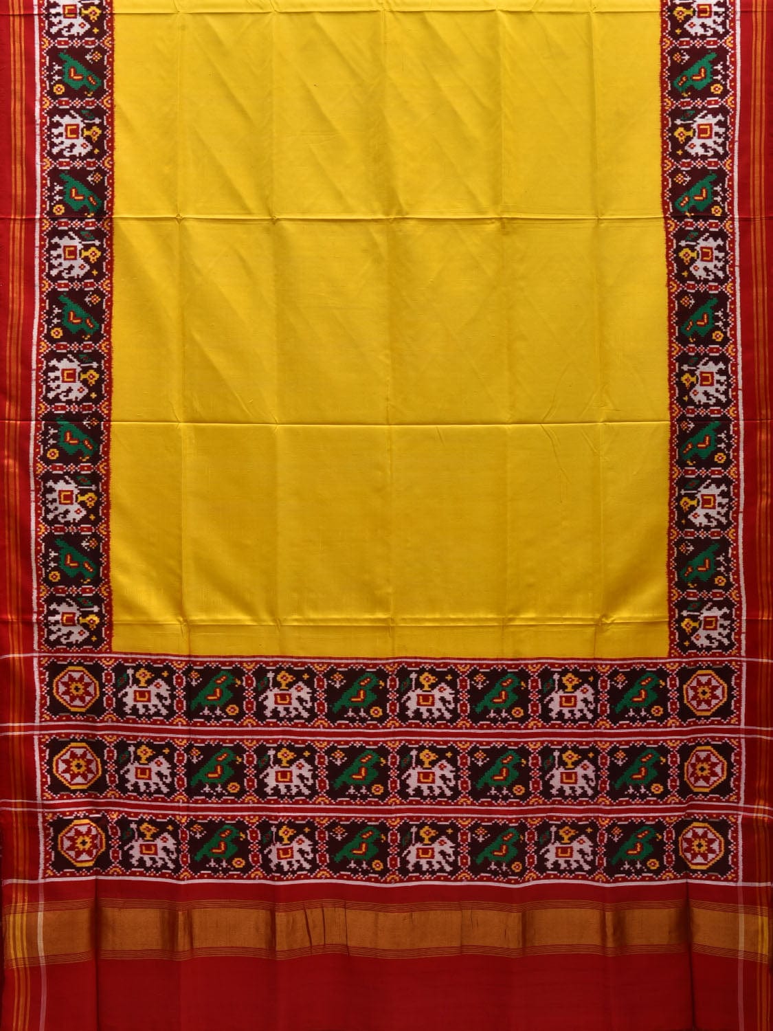 Yellow Pochampally Ikat Silk Handloom Plain Saree with Border Design i0682 No Blouse