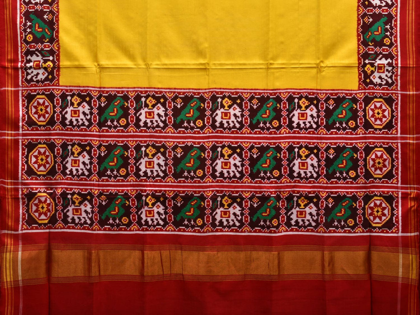 Yellow Pochampally Ikat Silk Handloom Plain Saree with Border Design i0682 No Blouse