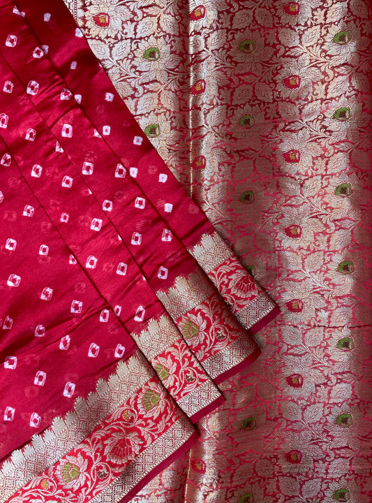 Pink Bandhani Silk Saree with Banarasi Zari Border B0648ds