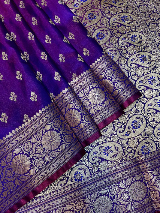 Purple Katan Banarasi Saree with Gold Zari Floral Weaving And Grand Pallu B0650ds