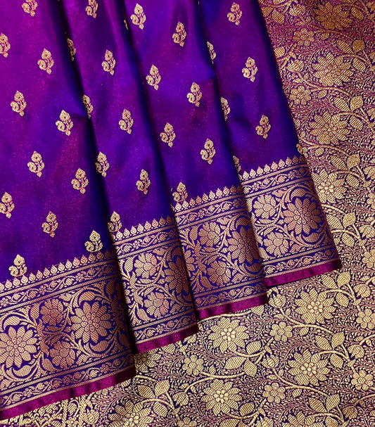 Purple Katan Banarasi Saree with gold Zari Floral Weaving And Grand Pallu B0652ds