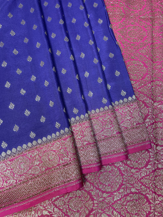 Violet Blue And Pink Blend-Luxury Banarasi Crepe Saree  B0498ds