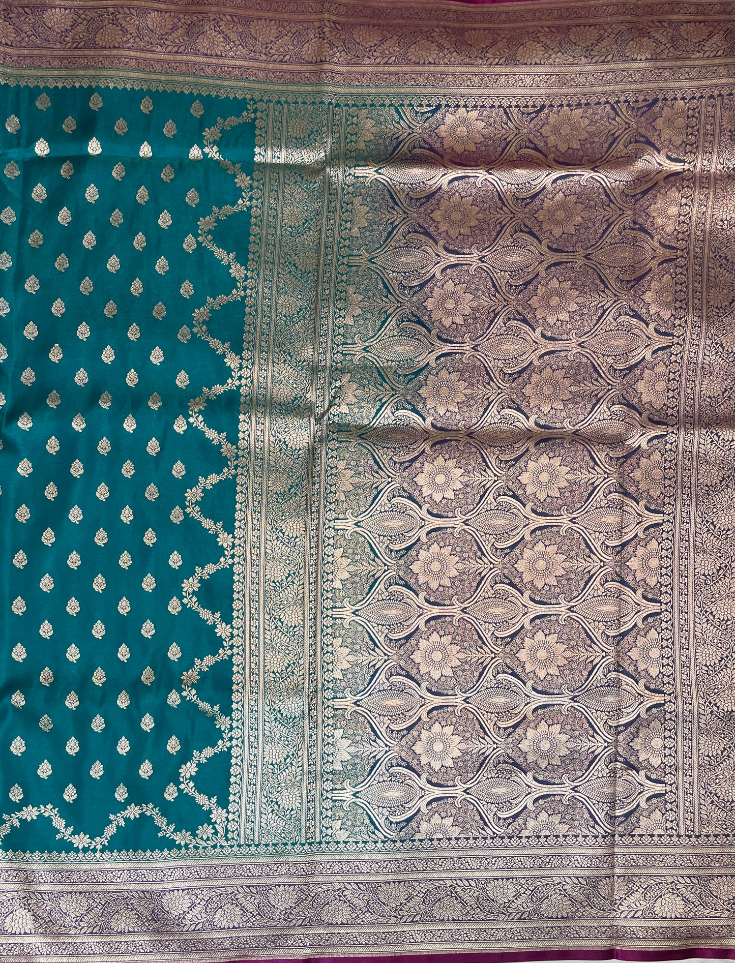 Blue-Green with Gold Work Katan Banarasi Saree with Silver Zari Floral Weaving And Grand Pallu B0524ds