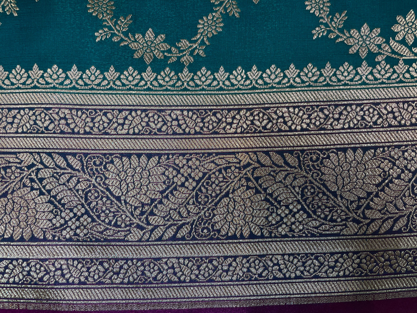 Blue-Green with Gold Work Katan Banarasi Saree with Silver Zari Floral Weaving And Grand Pallu B0524ds