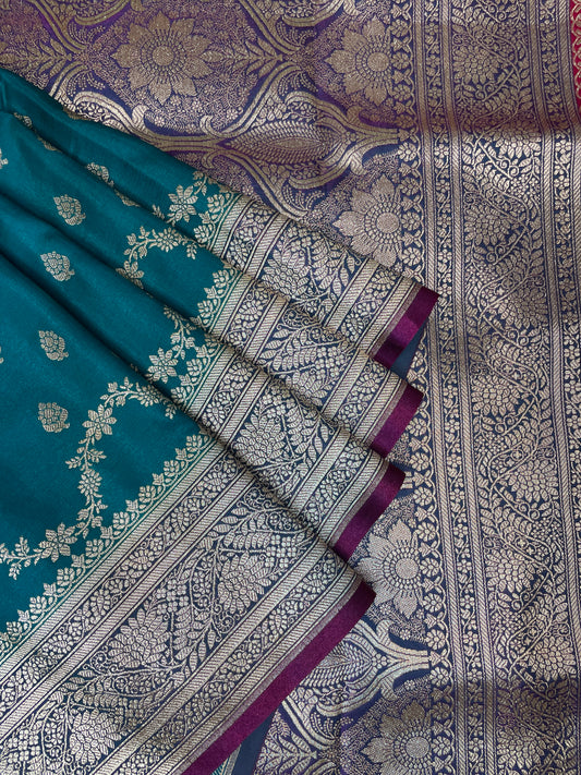 Blue-Green with Gold Work Katan Banarasi Saree with Silver Zari Floral Weaving And Grand Pallu B0524ds