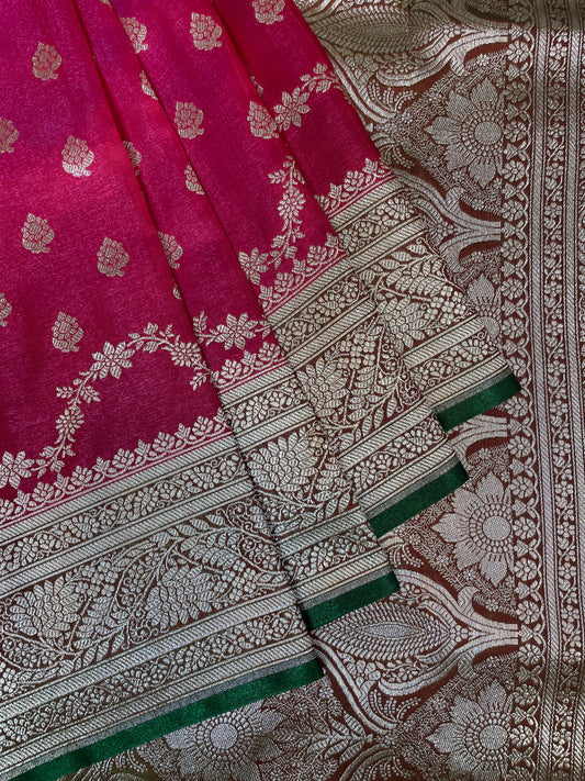 Pink And Green Katan Banarasi Saree with Silver Zari Floral Weaving And Grand Pallu B0525ds
