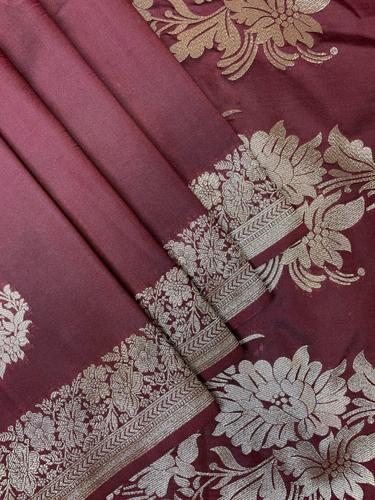Brown Katan Banarasi Saree with Silver Zari Floral Weaving And Grand Pallu B0551ds