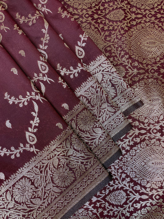 Dark Brown Katan Banarasi Saree with Silver Zari Floral Weaving And Grand Pallu B0552ds