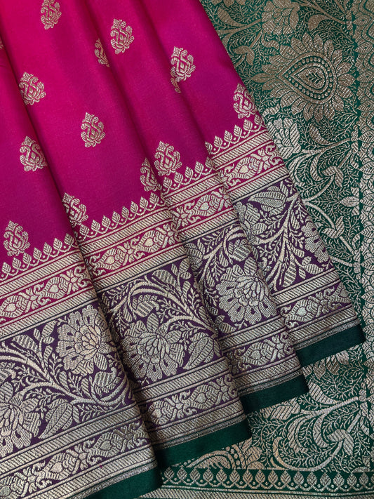 Light Pink And Green Katan Banarasi Saree with Silver Zari Floral Weaving And Grand Pallu B05058ds