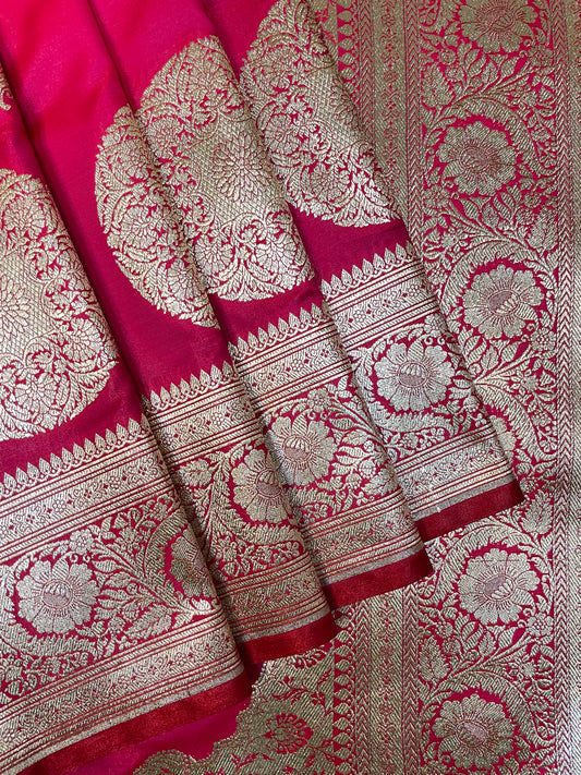 Pink Katan Banarasi Saree with Silver Zari Floral Weaving And Grand Pallu B0562ds