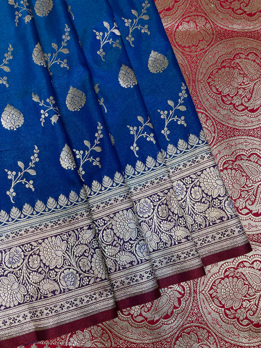 Dark Blue and Red Katan Banarasi Saree with Silver Zari Floral Weaving And Grand Pallu B0567ds
