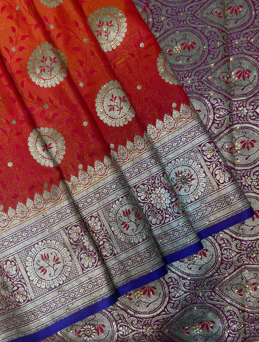 Orange And BLue Katan Banarasi Saree with Silver Zari Floral Weaving And Grand Pallu B0590ds