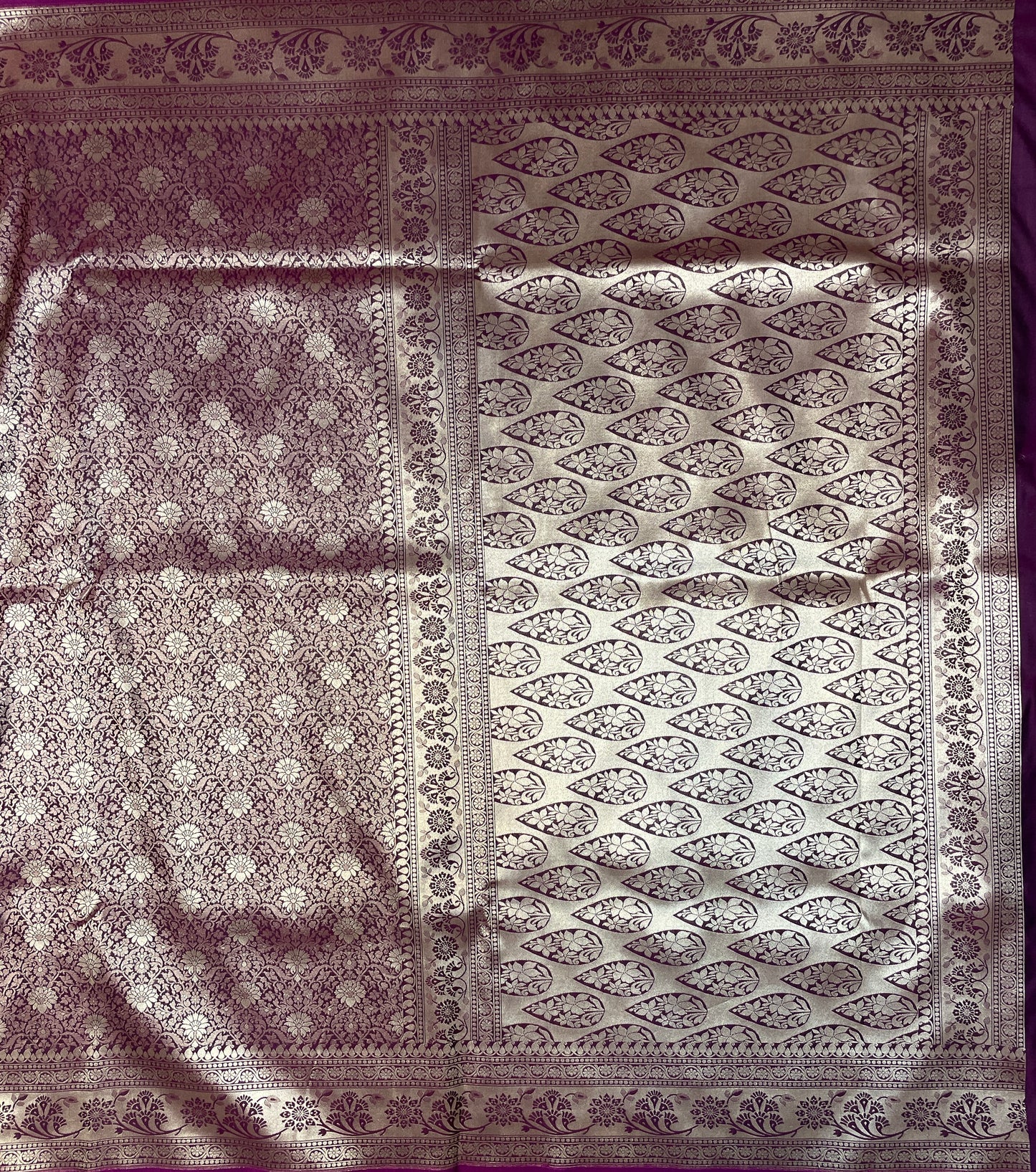 Dark Purple Katan Banarasi Saree with Silver Zari Floral Weaving And Grand Pallu B0604ds