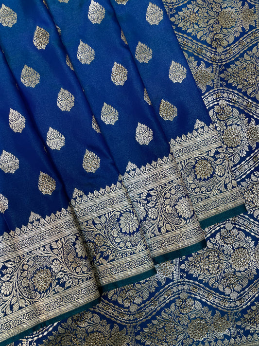 Dark Blue  Katan Banarasi Saree with Silver Zari Floral Weaving And Grand Pallu B0613ds