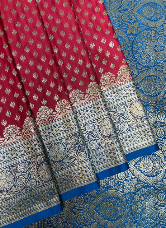Maroon And Light Blue Katan Banarasi Saree with Silver Zari Floral Weaving And Grand Pallu B0615ds
